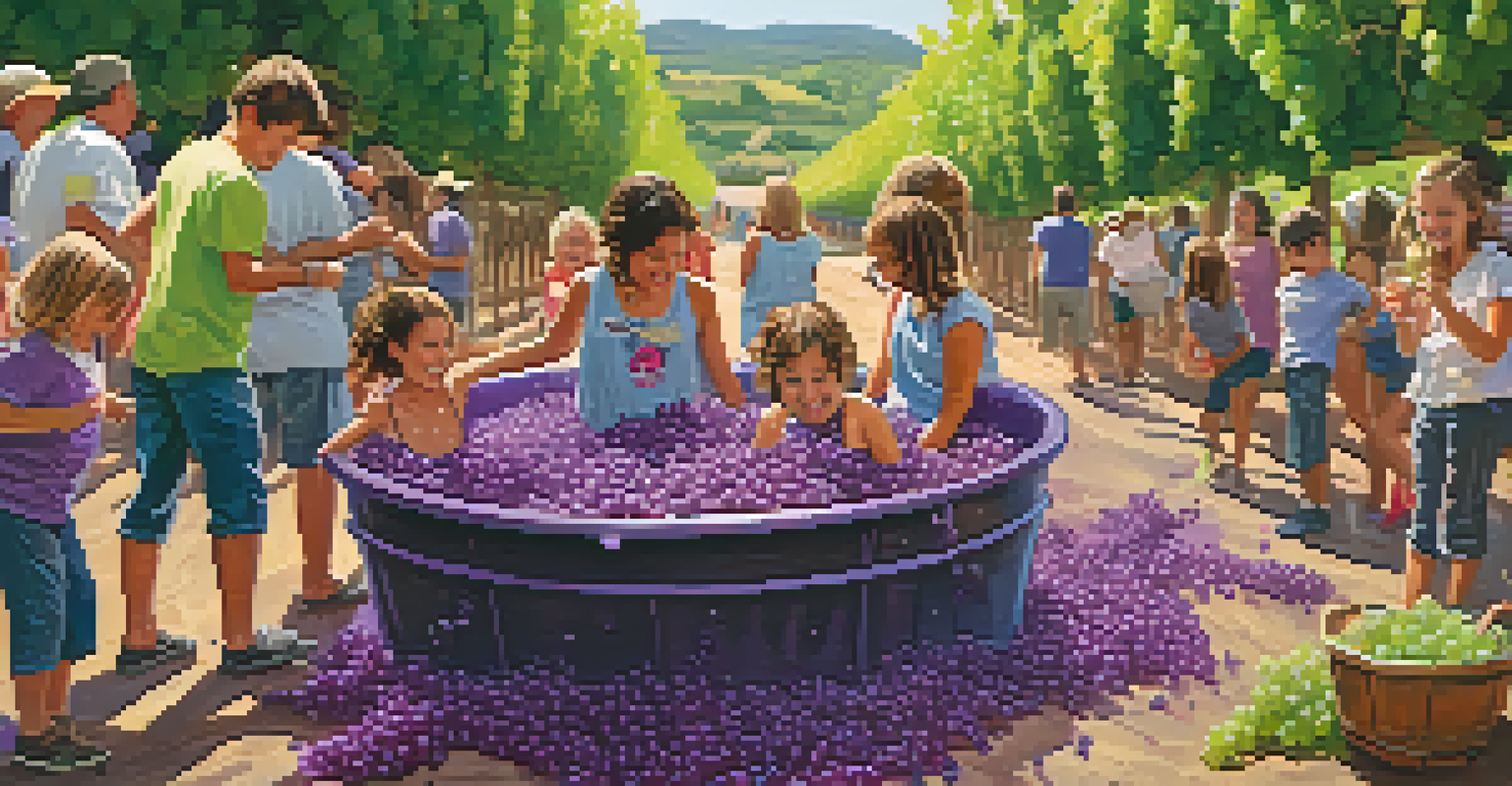 Children stomping grapes in a tub at a winery event, with parents observing and taking pictures, surrounded by festive decorations.