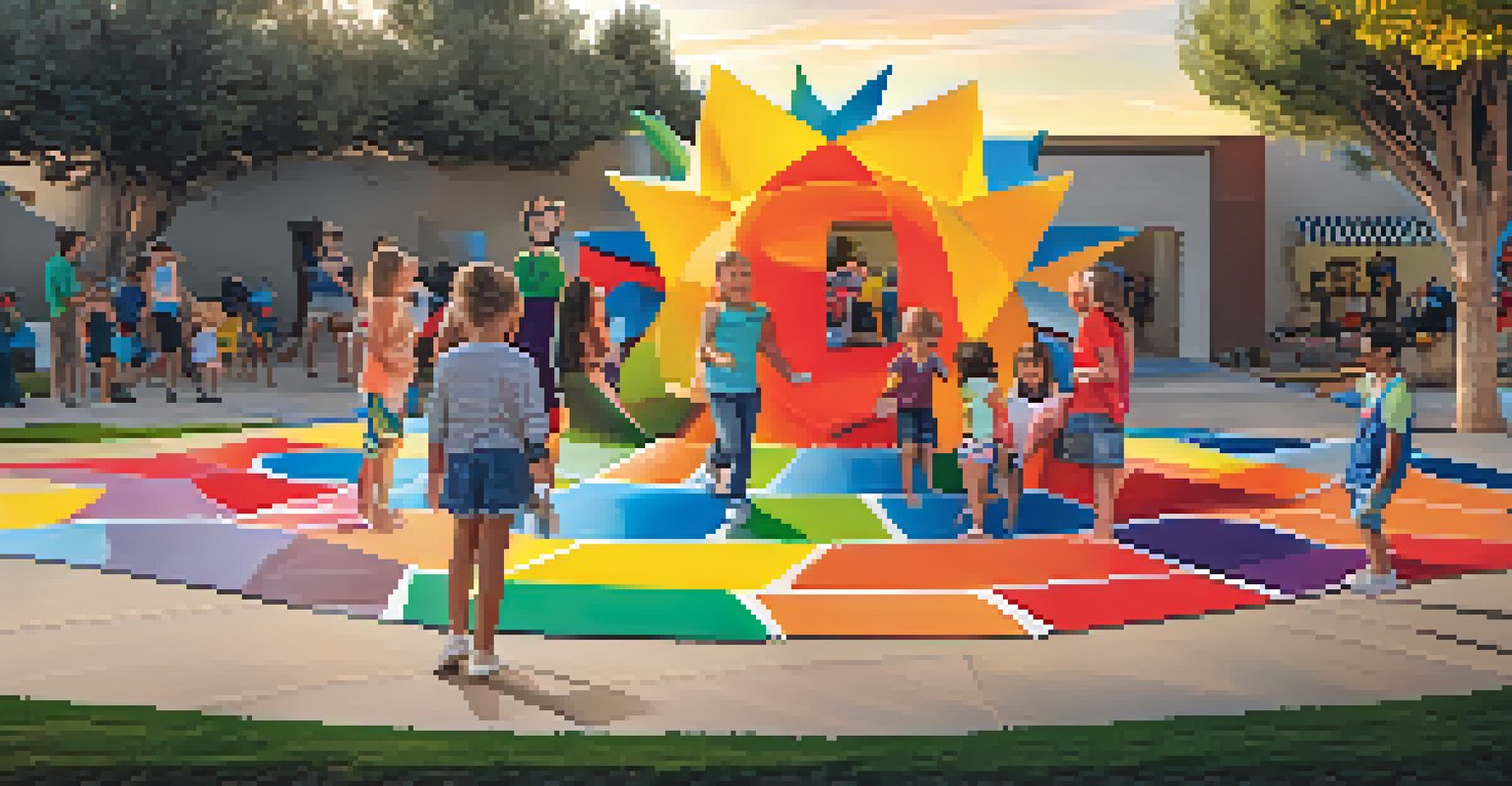 A family engaging with a colorful, interactive art sculpture during sunset.