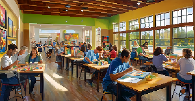 A community center in Carlsbad with adults participating in painting, technology, and culinary classes, illuminated by soft natural light.