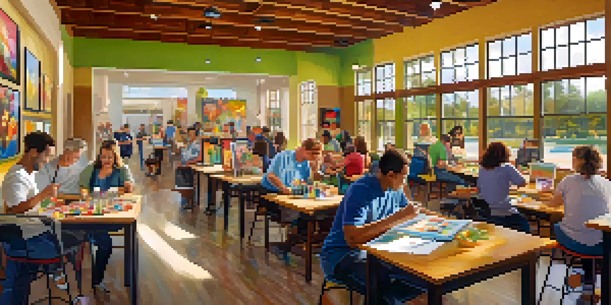 A community center in Carlsbad with adults participating in painting, technology, and culinary classes, illuminated by soft natural light.