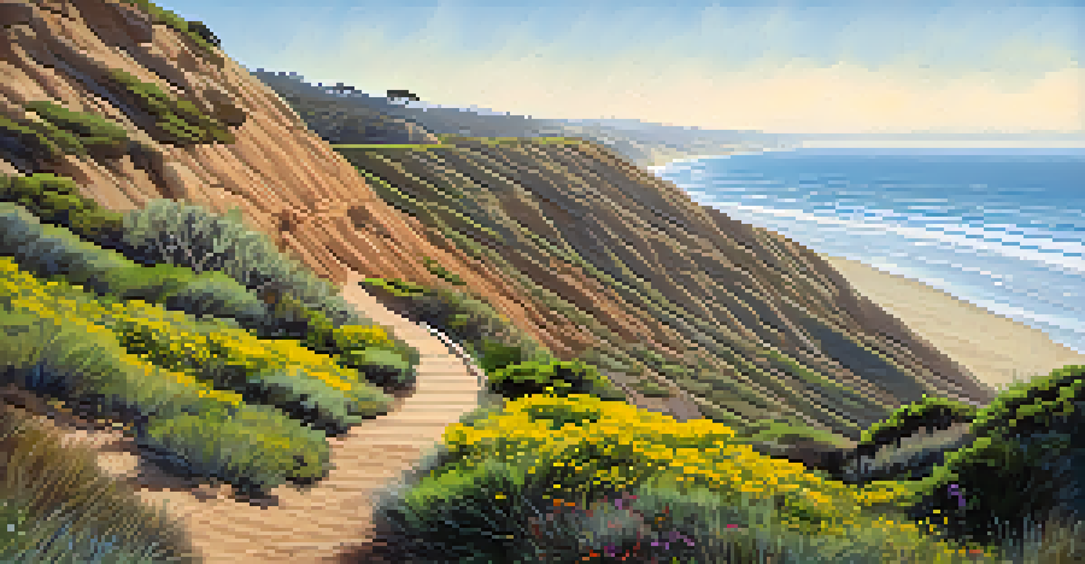 A beautiful hiking trail in Torrey Pines State Natural Reserve with cliffs and wildflowers.