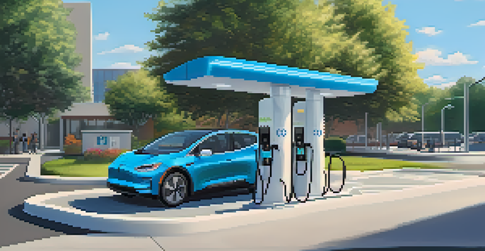 An electric vehicle being charged at a Level 2 charging station in a sunny public parking lot, with trees and buildings in the background.