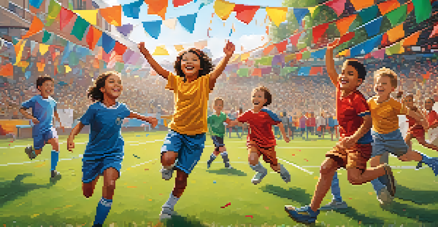 Children celebrating a goal in a youth soccer match, smiling and giving high-fives with parents cheering in the background.