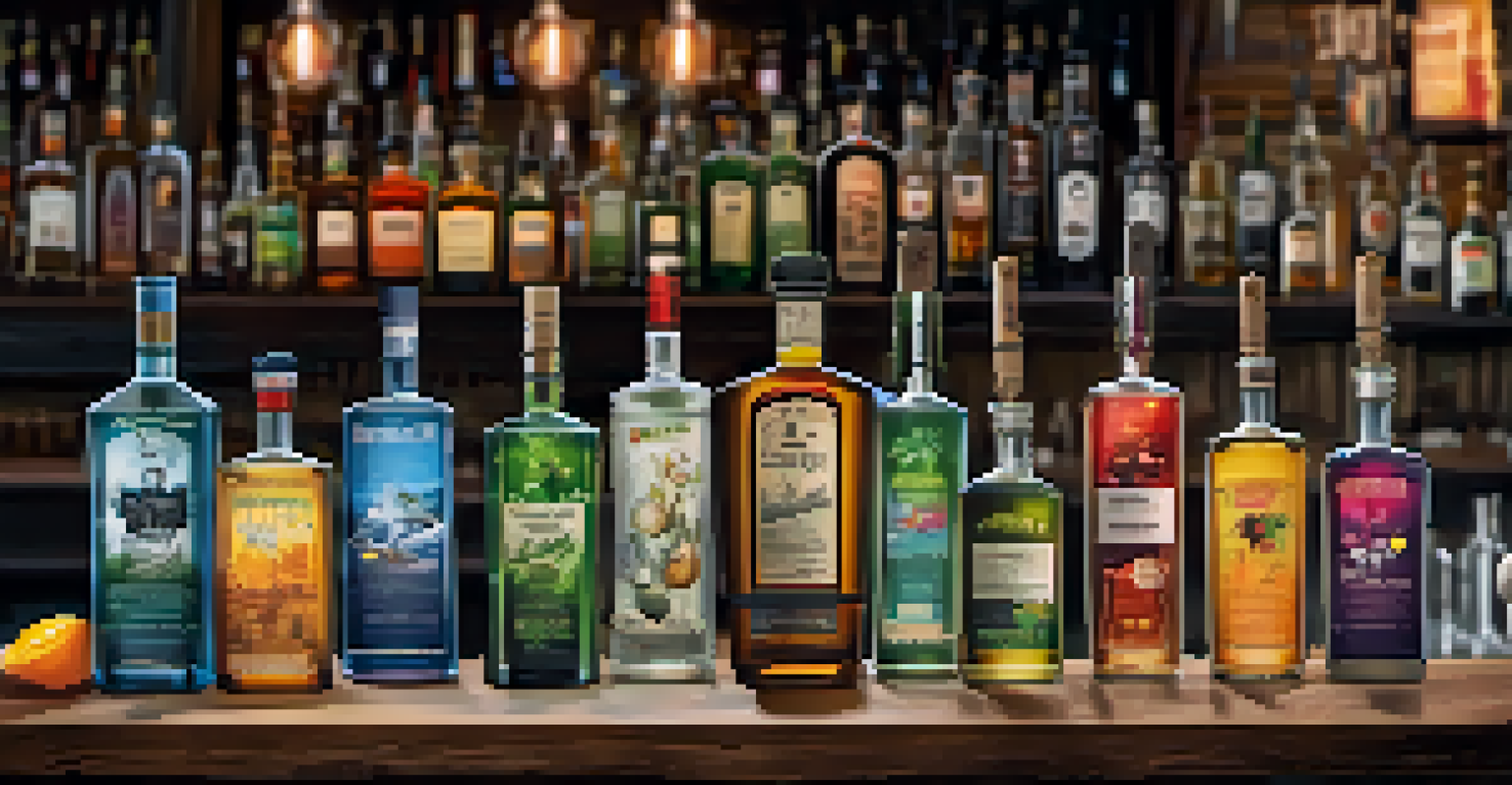 A variety of craft spirits bottles on a wooden bar, with a bartender mixing a cocktail in the background.
