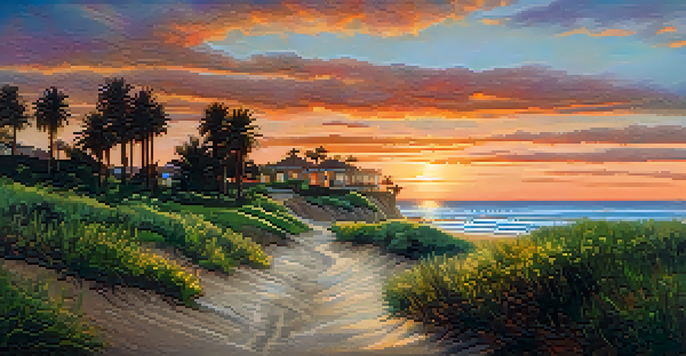 A beautiful sunset over the Carlsbad coastline, with vibrant sky colors and people walking on the beach.