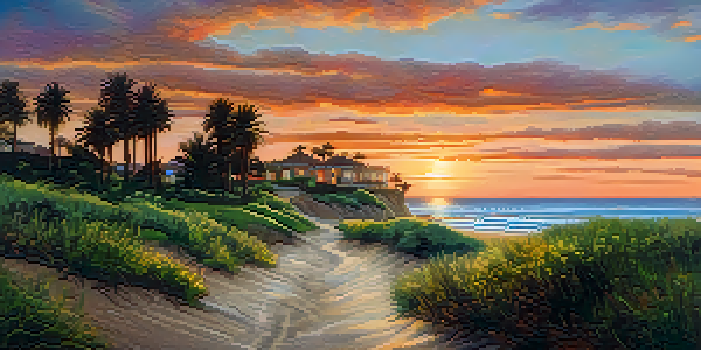 A beautiful sunset over the Carlsbad coastline, with vibrant sky colors and people walking on the beach.