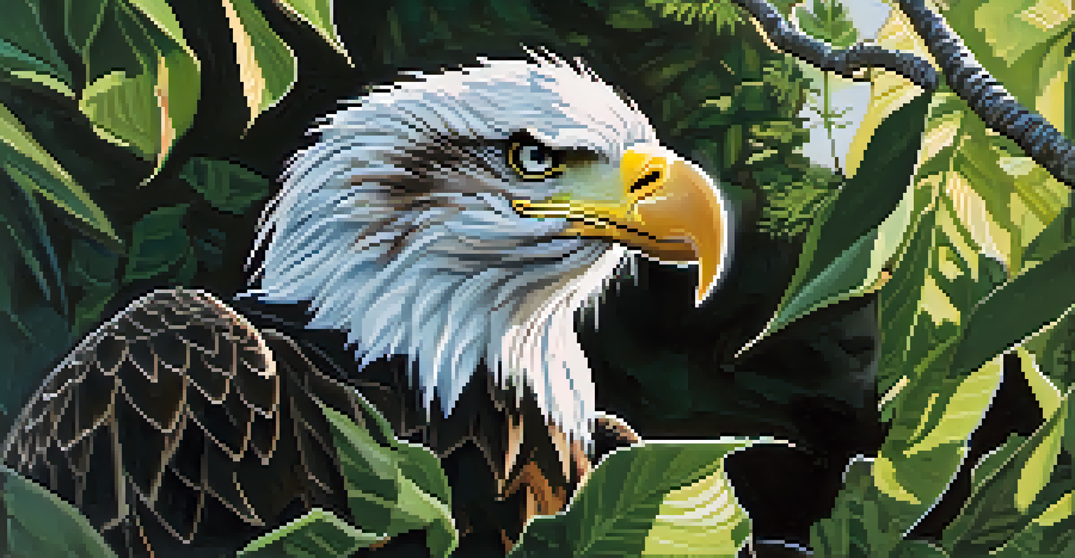 A close-up of a bald eagle perched on a branch in a lush green environment.