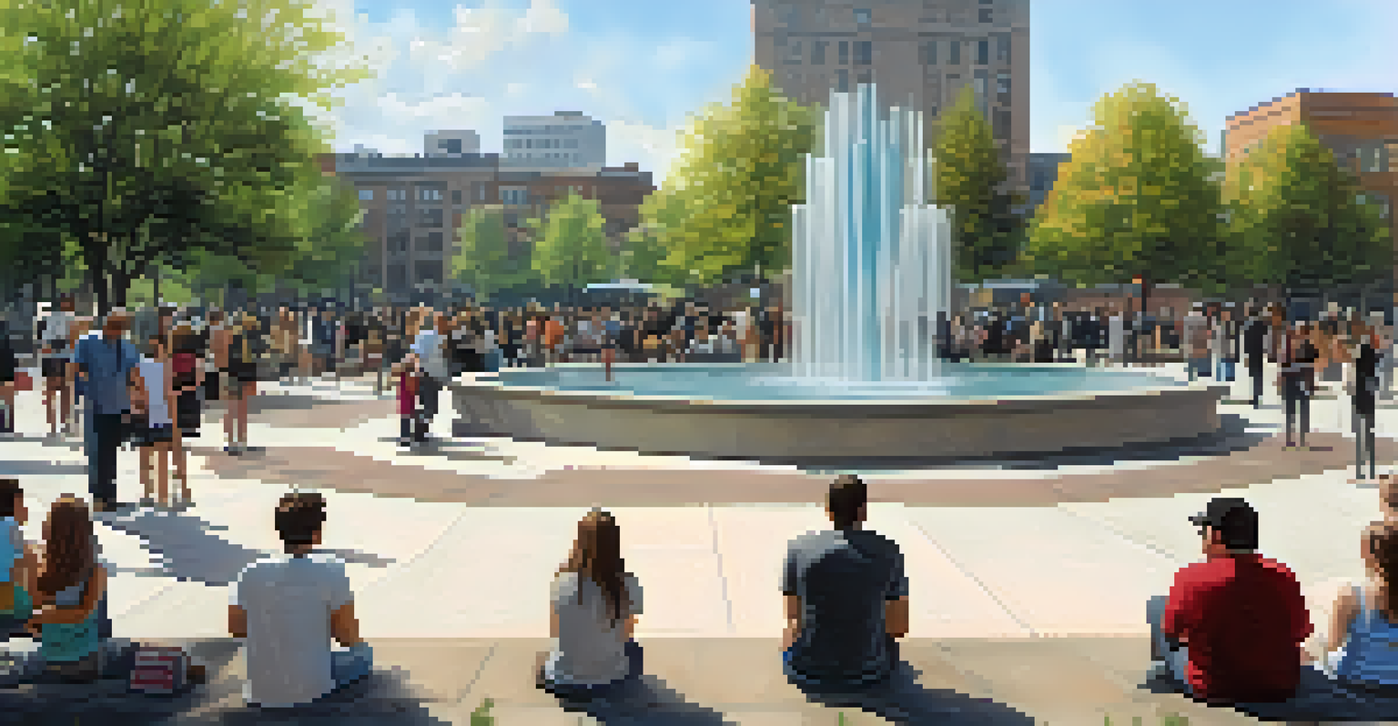 An interactive sculpture installation in a plaza, with people engaging with the art and enjoying the surrounding green space.