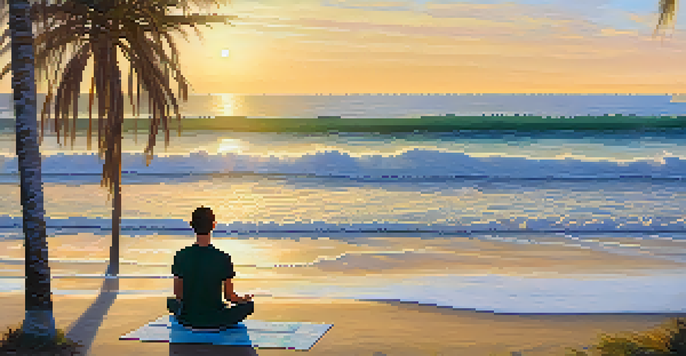 A peaceful person meditating on the beach at sunrise, with ocean waves and palm trees in the background.