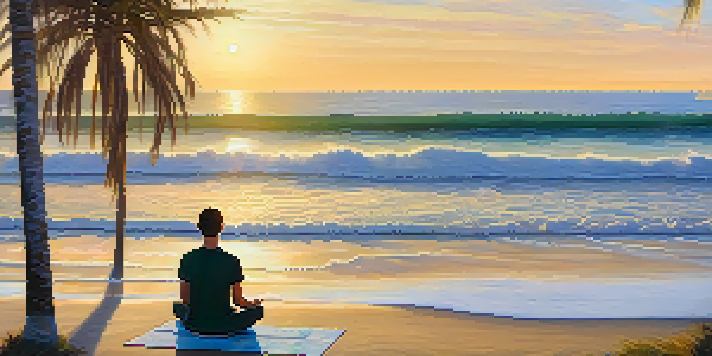 A peaceful person meditating on the beach at sunrise, with ocean waves and palm trees in the background.