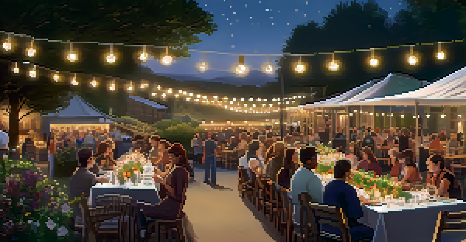 An outdoor community dinner featuring fresh local dishes, beautifully arranged tables, and a warm ambiance under string lights.