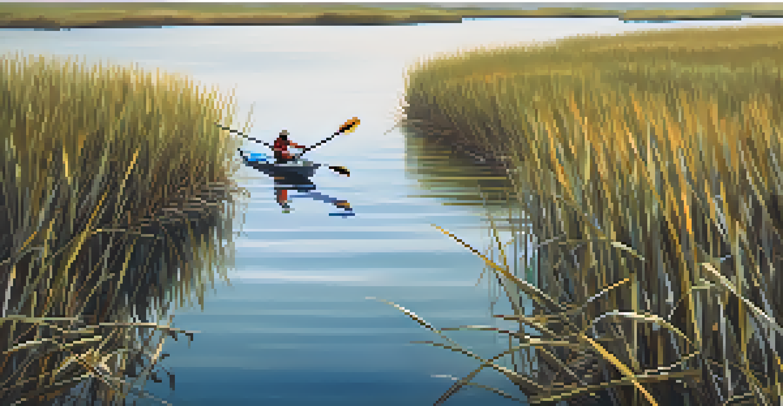An aerial view of a fisherman on a kayak arranging fishing equipment in a calm lagoon, surrounded by nature.