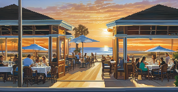 A beachside restaurant in Carlsbad with outdoor seating during sunset, showcasing diners enjoying seafood with palm trees and ocean waves in the background.