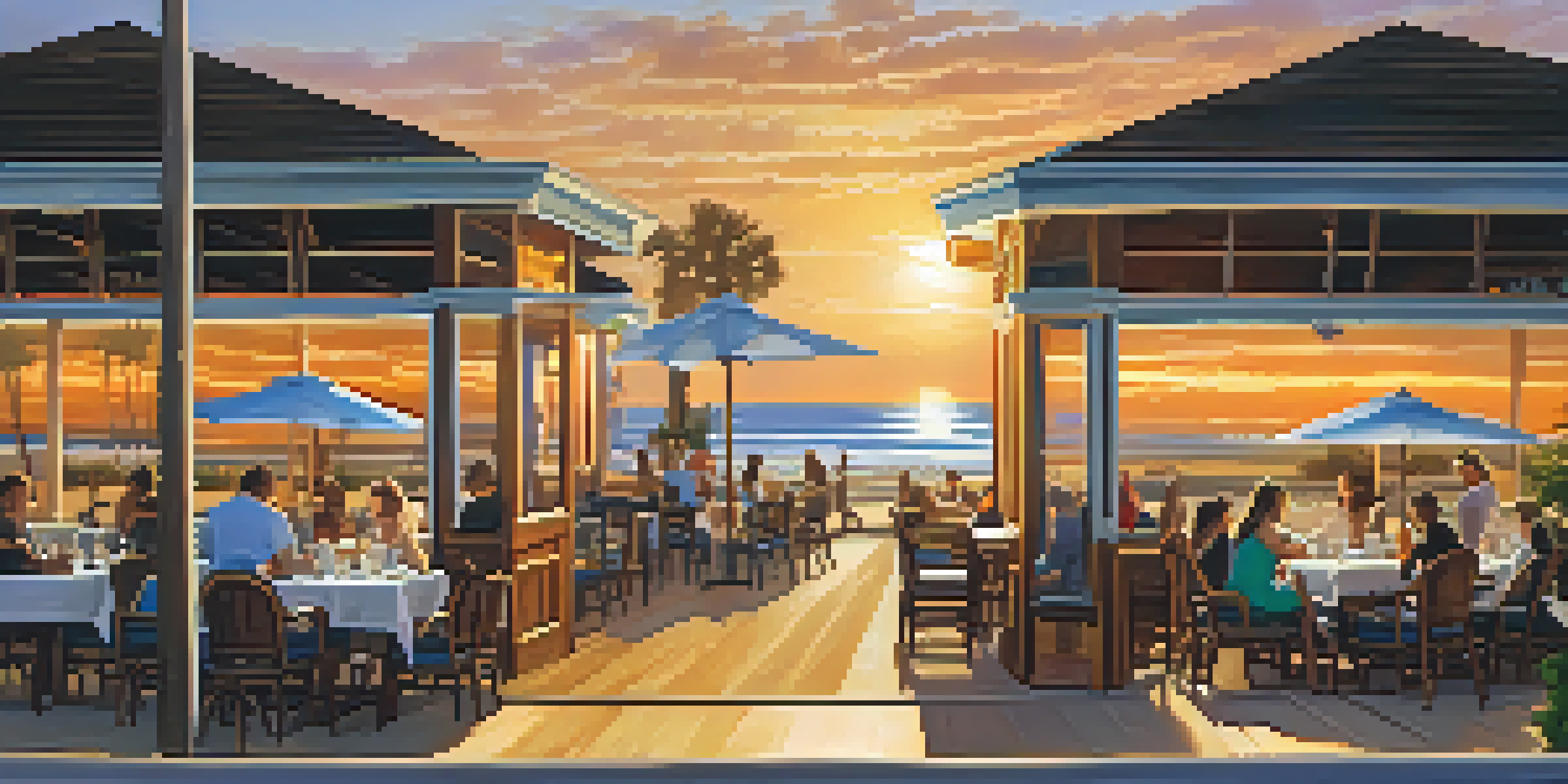 A beachside restaurant in Carlsbad with outdoor seating during sunset, showcasing diners enjoying seafood with palm trees and ocean waves in the background.
