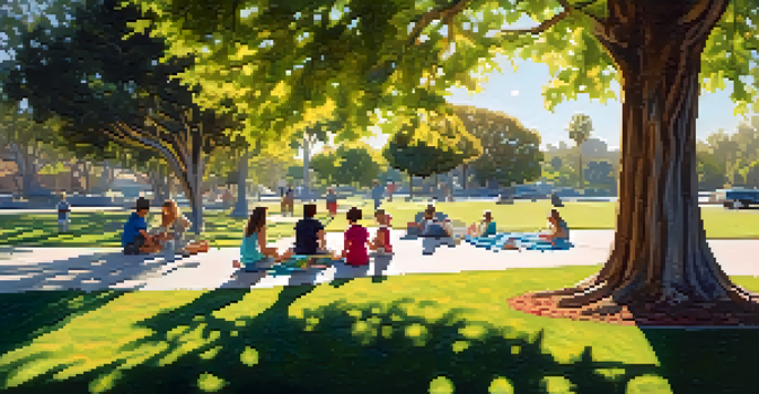 A family having a picnic on a colorful blanket under shady trees at Magee Park, with children playing on a playground nearby.