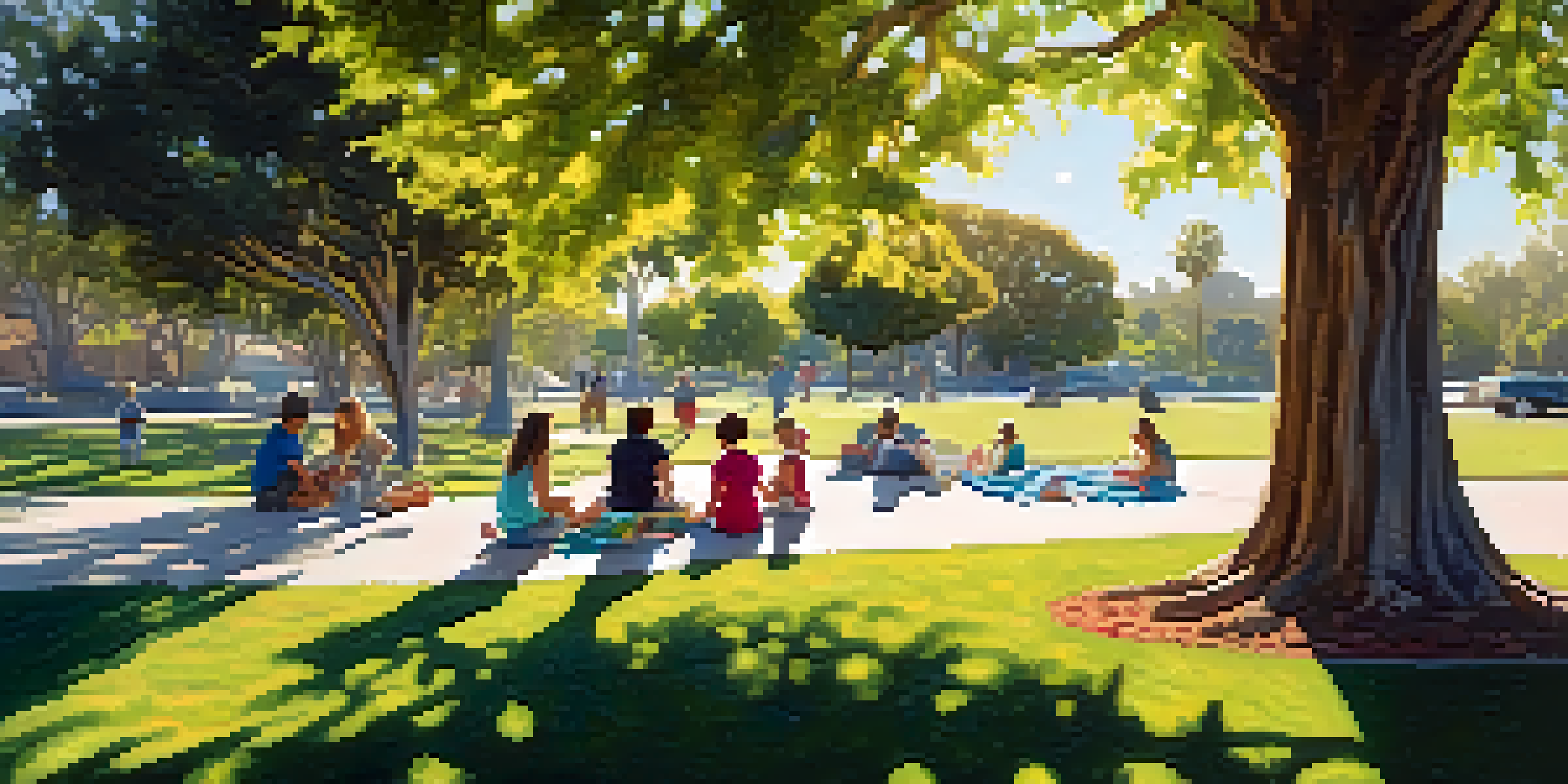 A family having a picnic on a colorful blanket under shady trees at Magee Park, with children playing on a playground nearby.