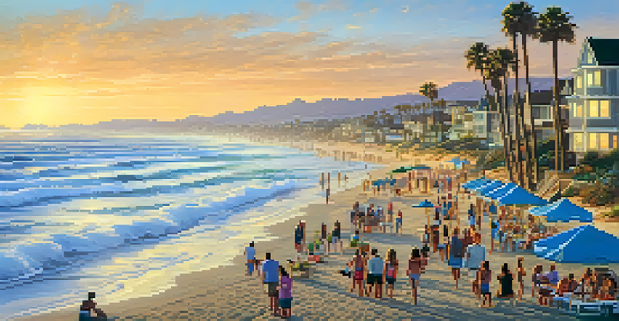 A colorful sunset over the beach in Carlsbad, with waves, palm trees, and people having a picnic.
