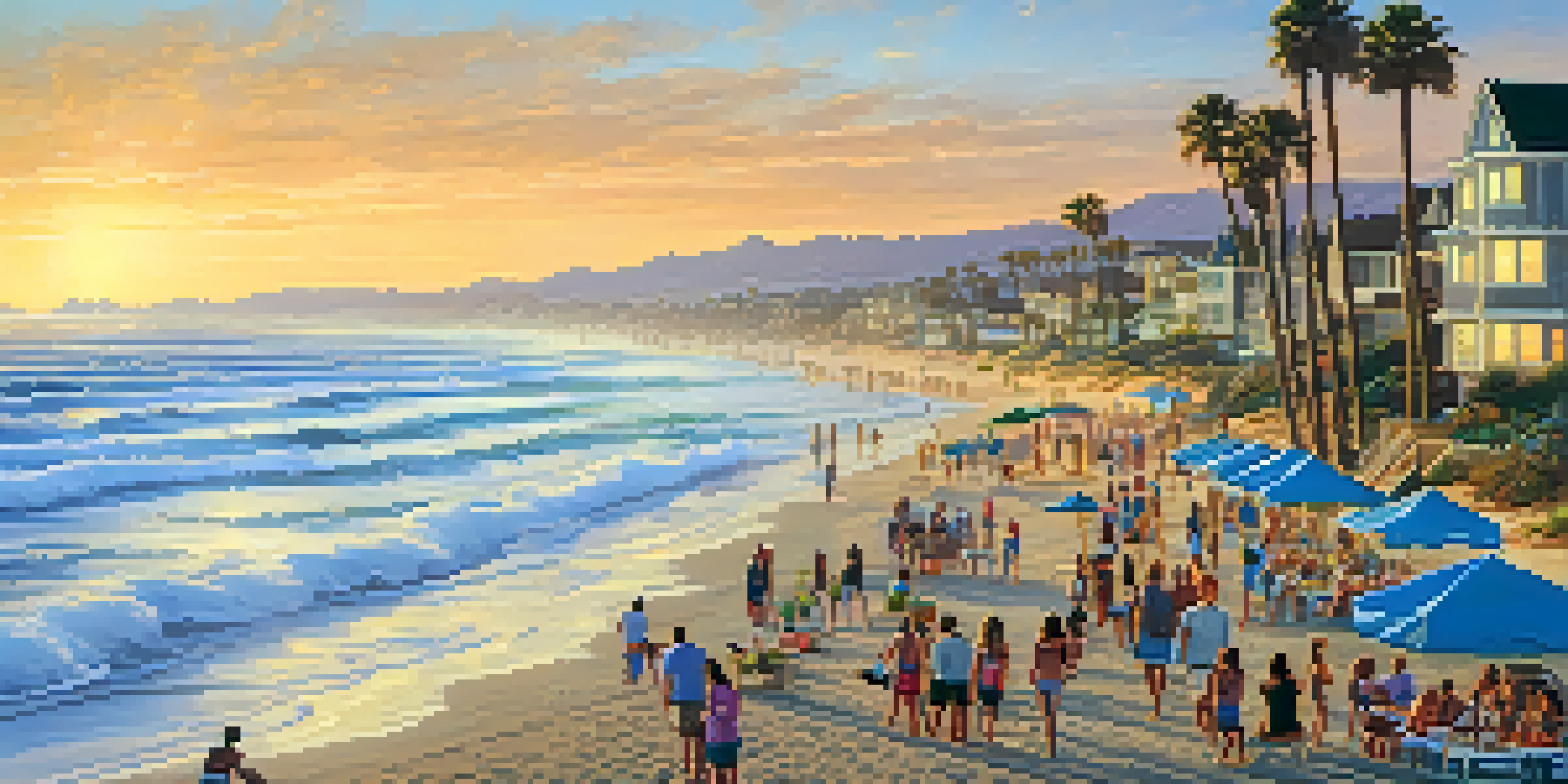 A colorful sunset over the beach in Carlsbad, with waves, palm trees, and people having a picnic.