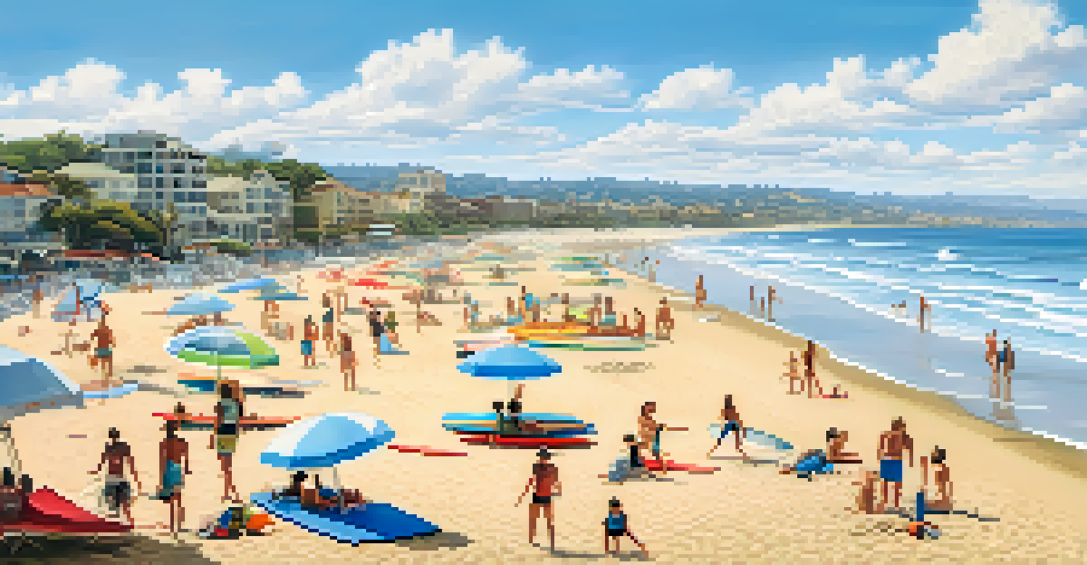 A lively day at Ponto Beach with surfers, families, and surf schools under a clear blue sky.