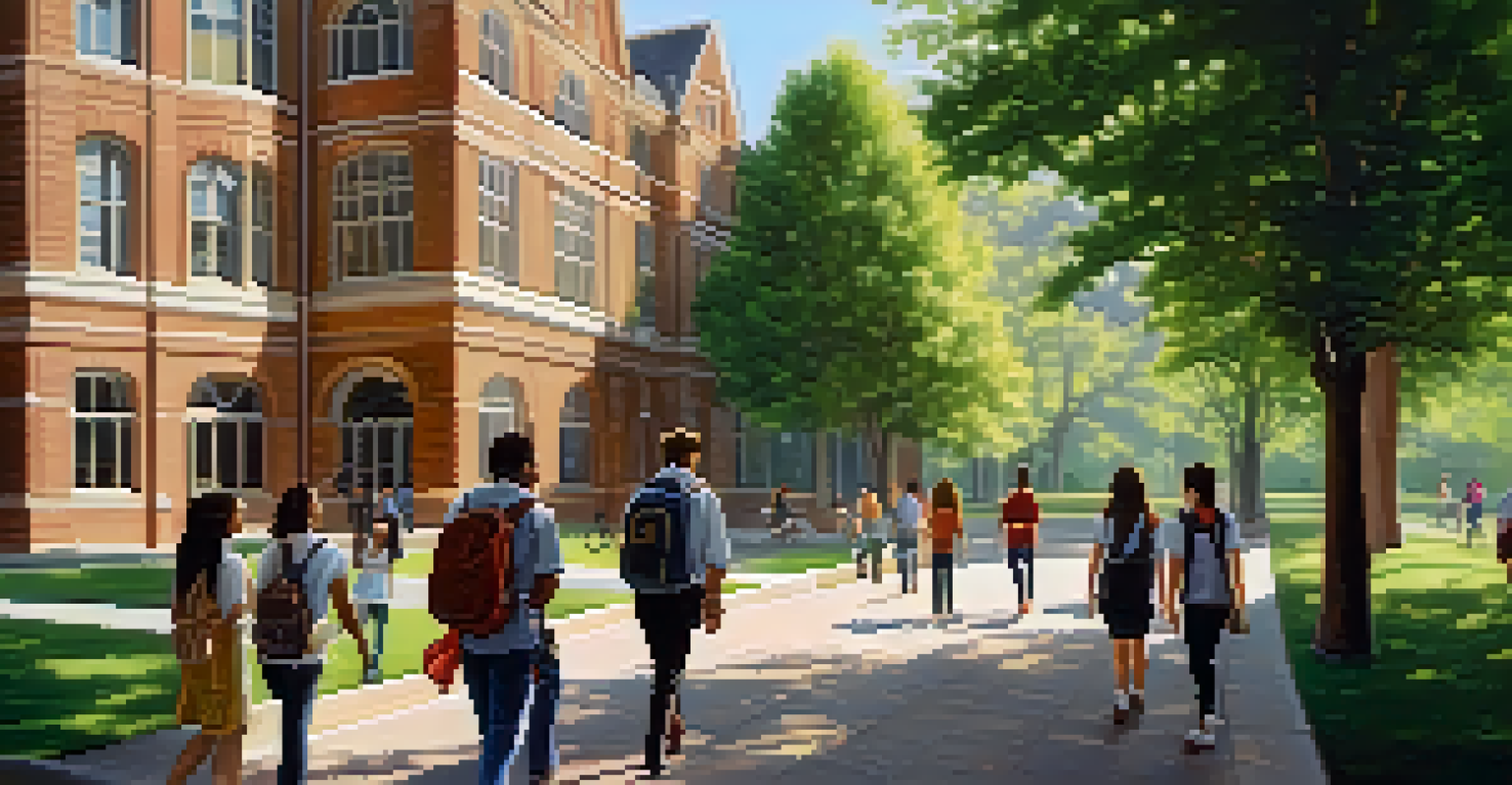 Students exploring a college campus on a sunny day, discussing their future aspirations amidst green landscapes.