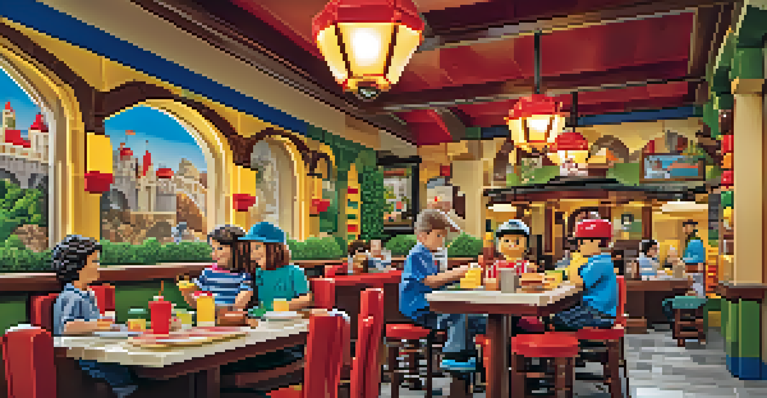 A family dining at Castle Burger in Legoland California, surrounded by playful Lego-themed decor and a large Lego castle.