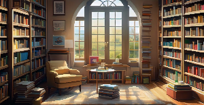 A cozy reading nook in a library with sunlight streaming through a window, an armchair with children's books, and a table with tea and glasses.