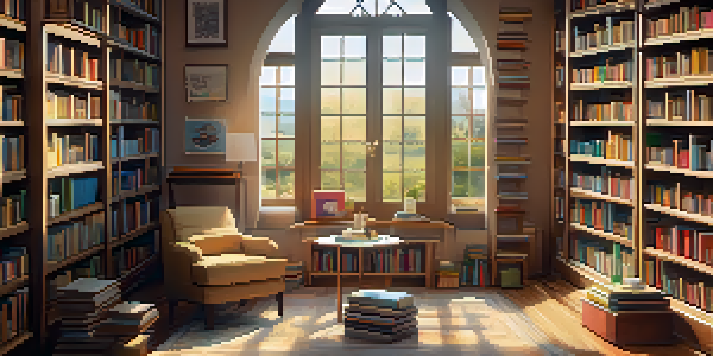 A cozy reading nook in a library with sunlight streaming through a window, an armchair with children's books, and a table with tea and glasses.