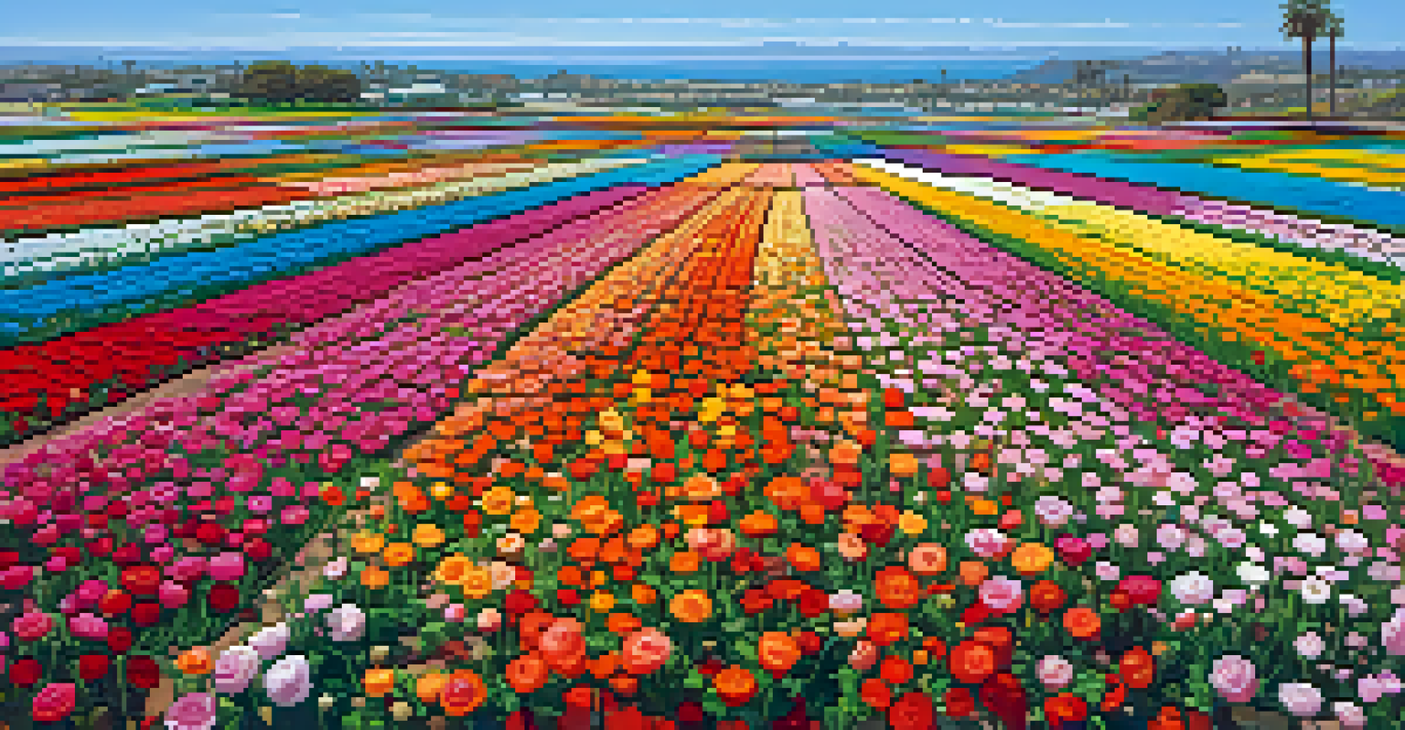 An aerial view of the Carlsbad Flower Fields filled with colorful blooming ranunculus flowers under a bright blue sky, with the ocean in the background.