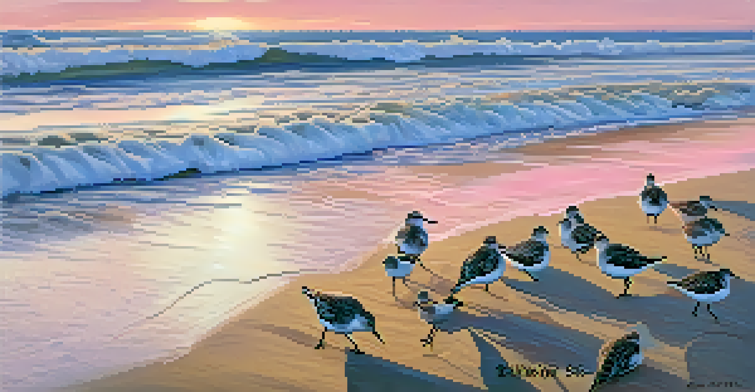 A winter sunset at Carlsbad State Beach with Western Sandpipers foraging along the shore, with gentle waves and pastel-colored sky.