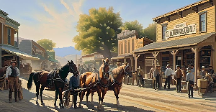 A vibrant scene from Carlsbad during the Gold Rush, featuring miners and merchants around a general store with dusty roads and horse-drawn wagons.