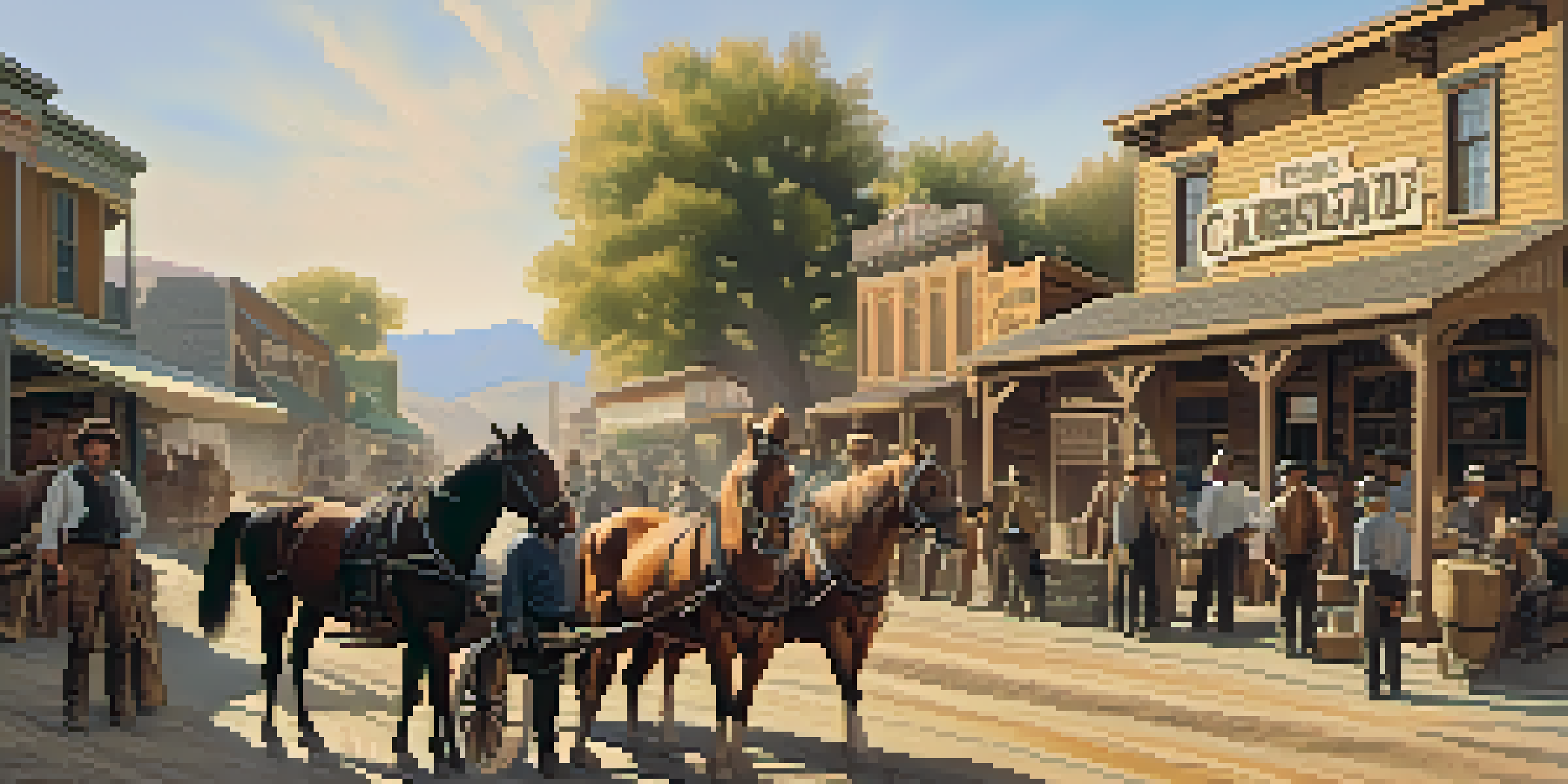 A vibrant scene from Carlsbad during the Gold Rush, featuring miners and merchants around a general store with dusty roads and horse-drawn wagons.
