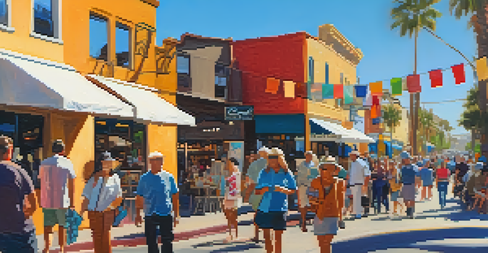 A lively street filled with people enjoying the Carlsbad Village Art Walk, featuring artists and colorful art displays under a warm afternoon sun.