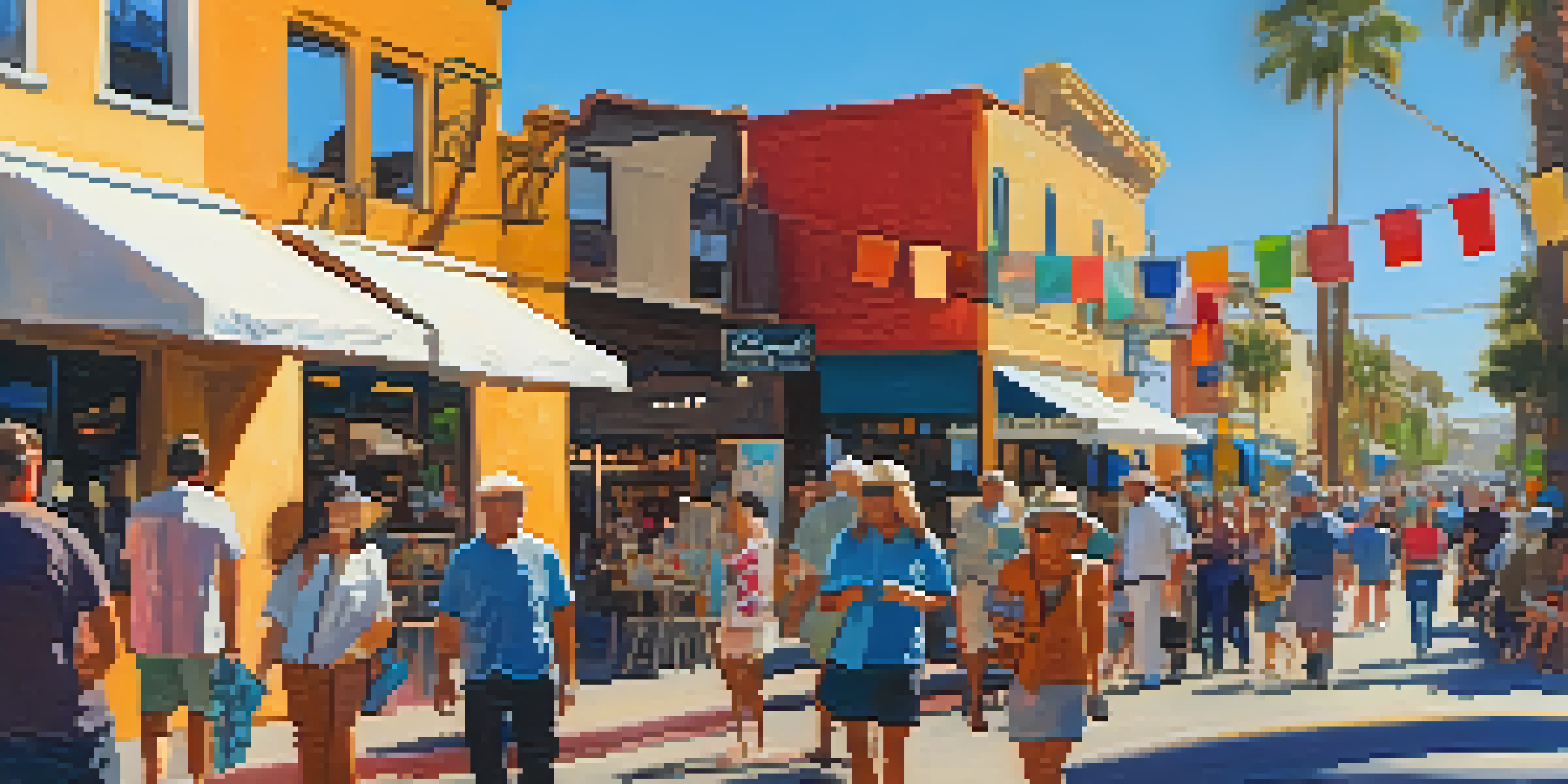 A lively street filled with people enjoying the Carlsbad Village Art Walk, featuring artists and colorful art displays under a warm afternoon sun.