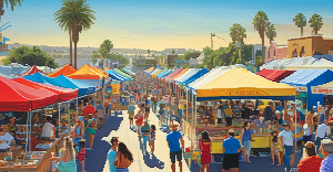A lively community festival with colorful tents, food vendors, and diverse families enjoying the festivities under a clear blue sky.