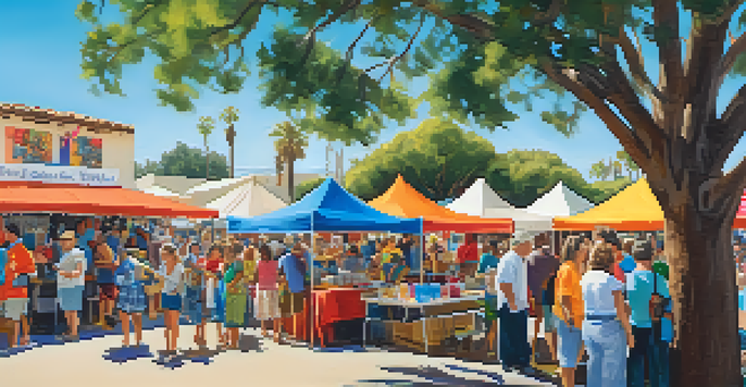 A lively community festival in Carlsbad with colorful booths, food stalls, and children painting, showcasing local crafts and celebrating local history.