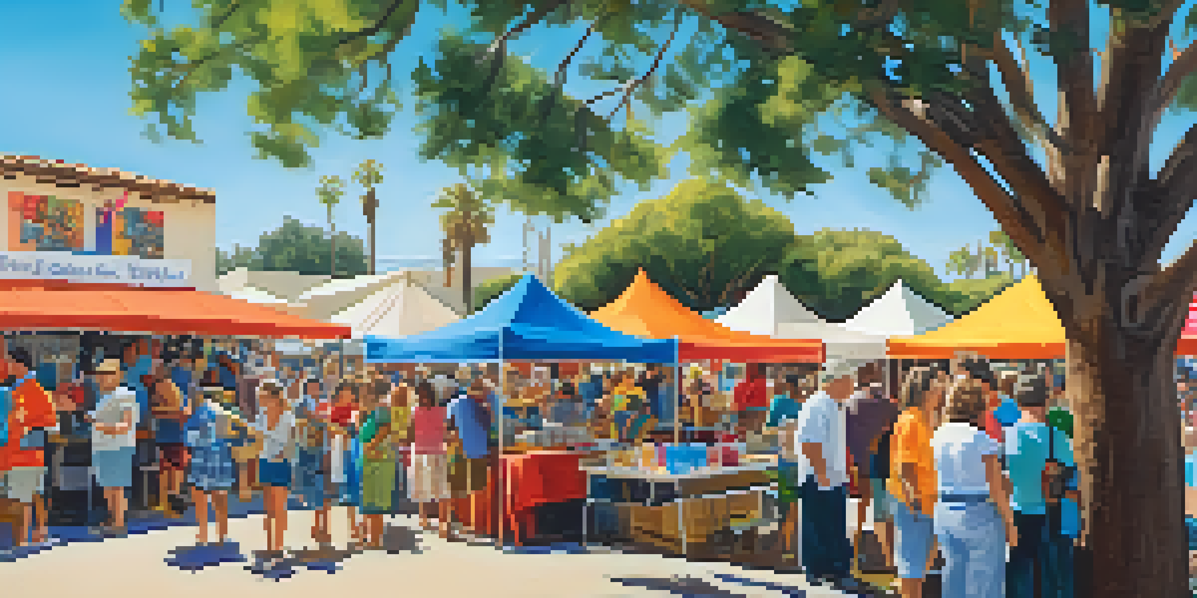A lively community festival in Carlsbad with colorful booths, food stalls, and children painting, showcasing local crafts and celebrating local history.