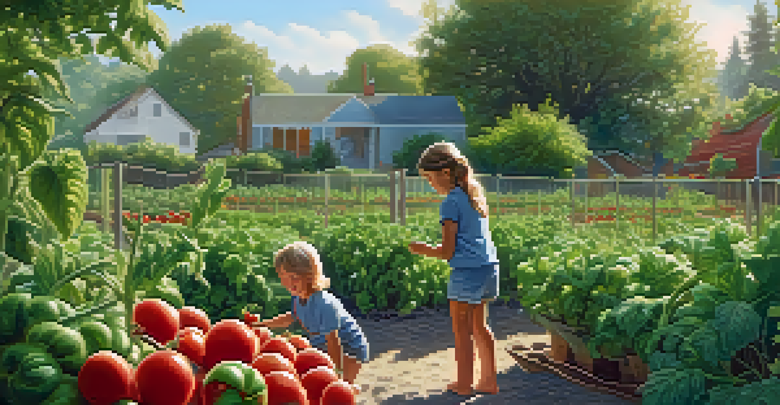 A child picking tomatoes in a community garden, with an elderly neighbor smiling nearby, surrounded by lush greenery.