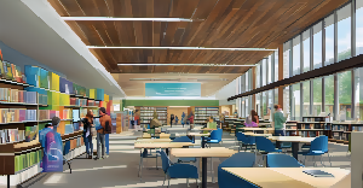 A modern interior of the Carlsbad Municipal Library with digital kiosks and patrons using technology.