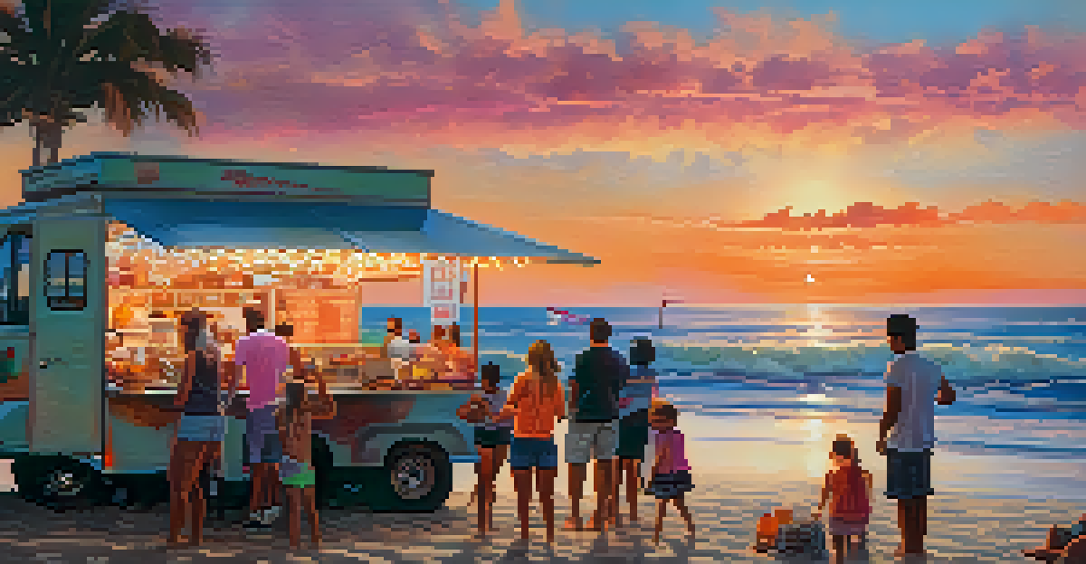 Food trucks at the beach during sunset, with people enjoying meals and a beautiful sky.