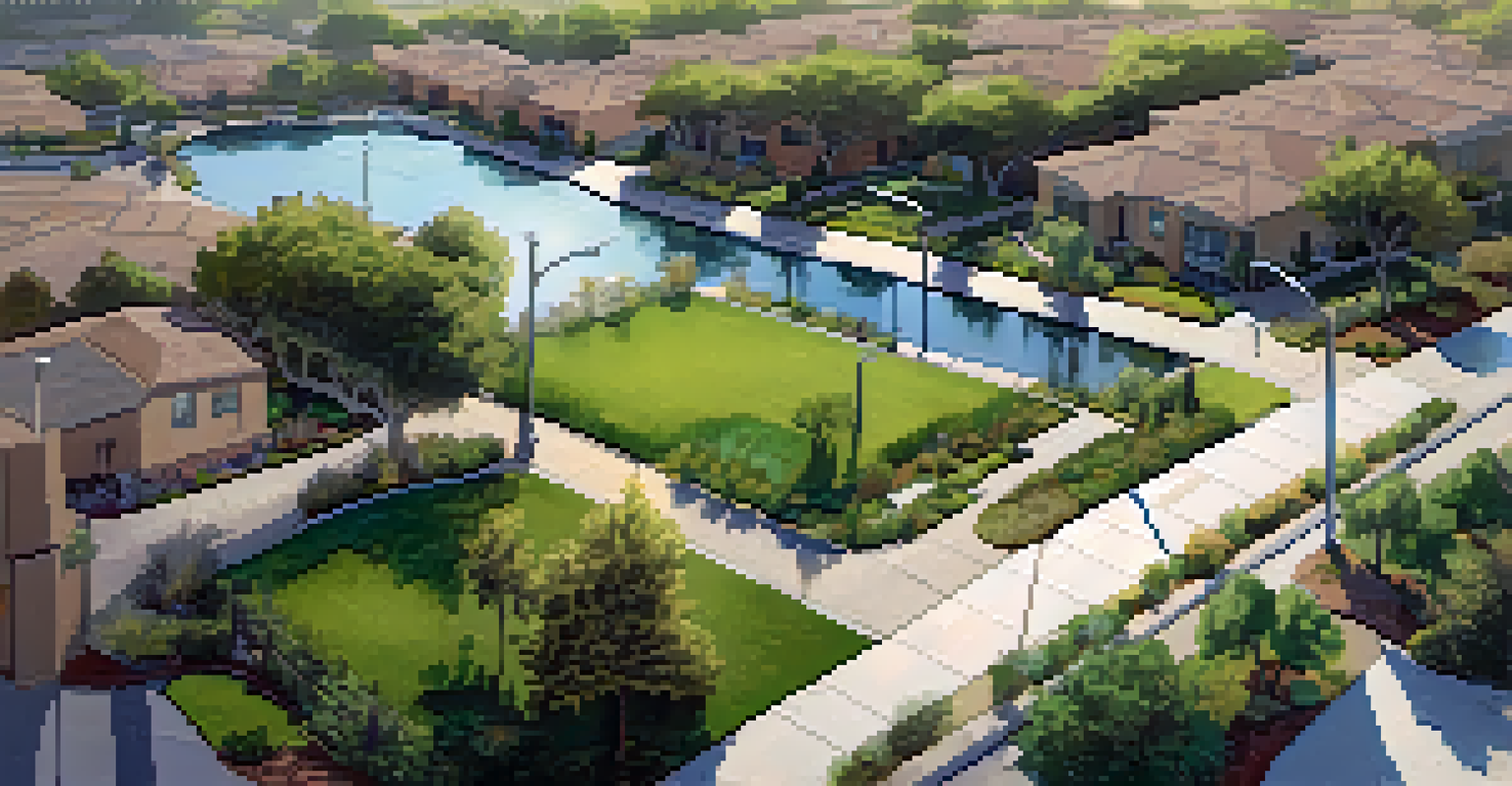 Aerial view of Carlsbad's stormwater management system showcasing rain gardens and permeable pavements.