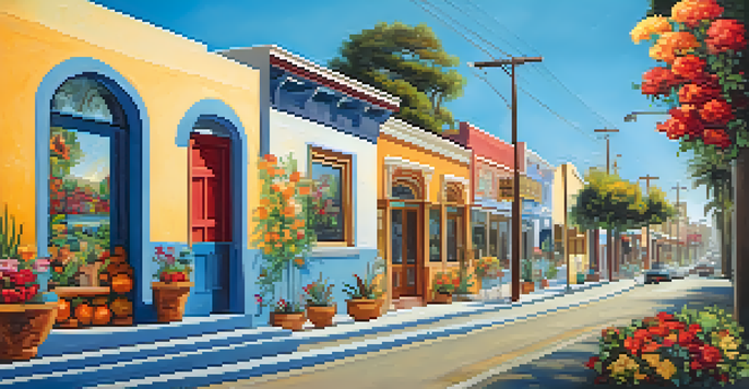 A colorful street mural in Carlsbad depicting cultural symbols and historical landmarks, with flowers and people nearby.