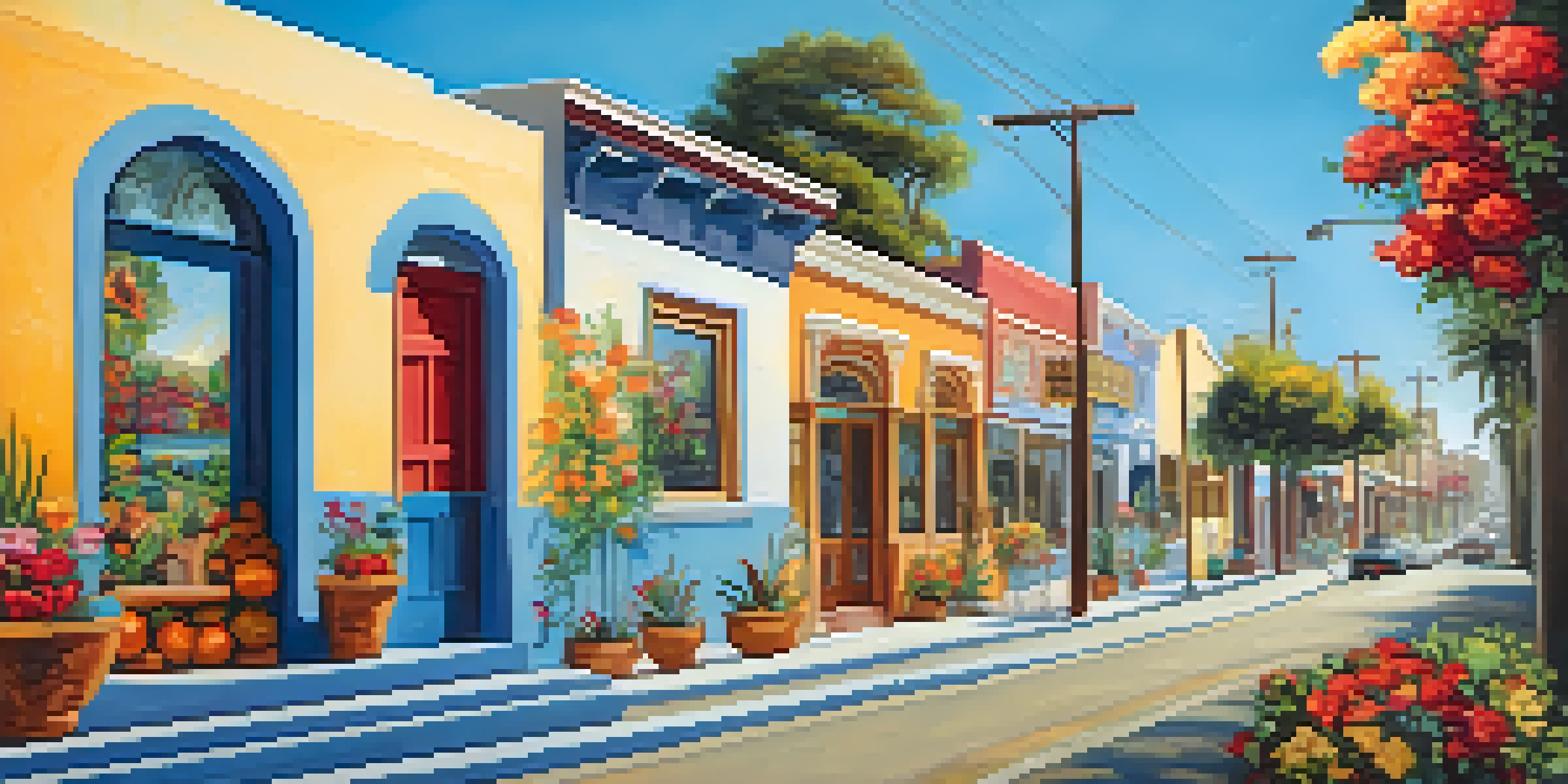 A colorful street mural in Carlsbad depicting cultural symbols and historical landmarks, with flowers and people nearby.