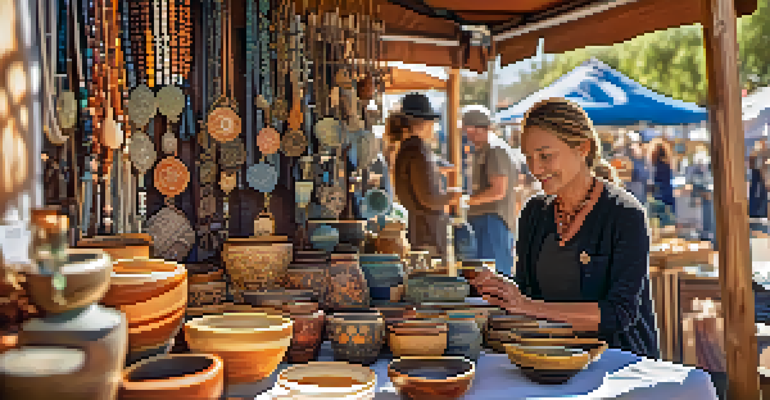 A close-up of a local artisan's booth displaying pottery and jewelry at the Carlsbad Village Faire, with sunlight illuminating the crafts.