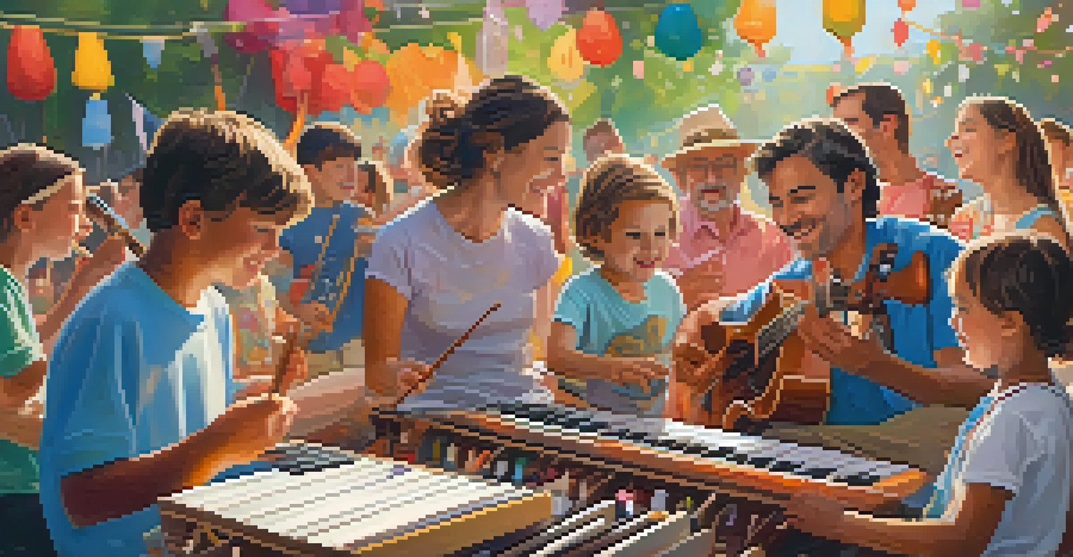 A family participating in a music workshop at a festival, with children playing instruments and engaging in activities.