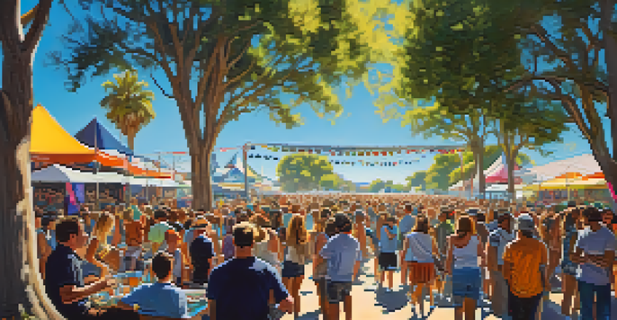 A lively outdoor music festival with a diverse crowd, musicians performing on stage, and colorful banners in Carlsbad, California.