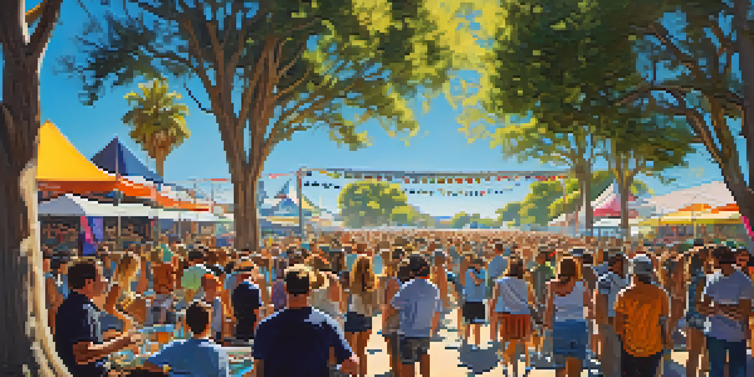 A lively outdoor music festival with a diverse crowd, musicians performing on stage, and colorful banners in Carlsbad, California.