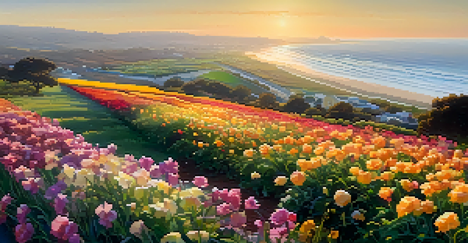 A close-up of dew-covered ranunculus flowers at sunrise in the Carlsbad Flower Fields, with the ocean in the background.