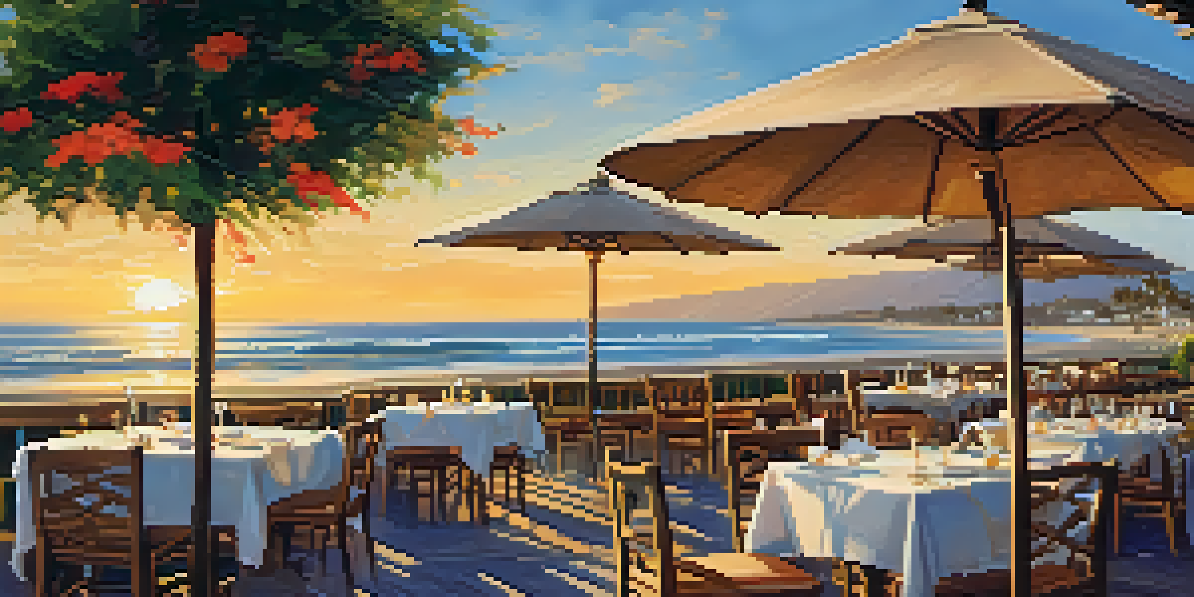 A beachfront dining scene at sunset, with wooden tables and colorful umbrellas overlooking the ocean, showcasing plates of seafood and drinks.