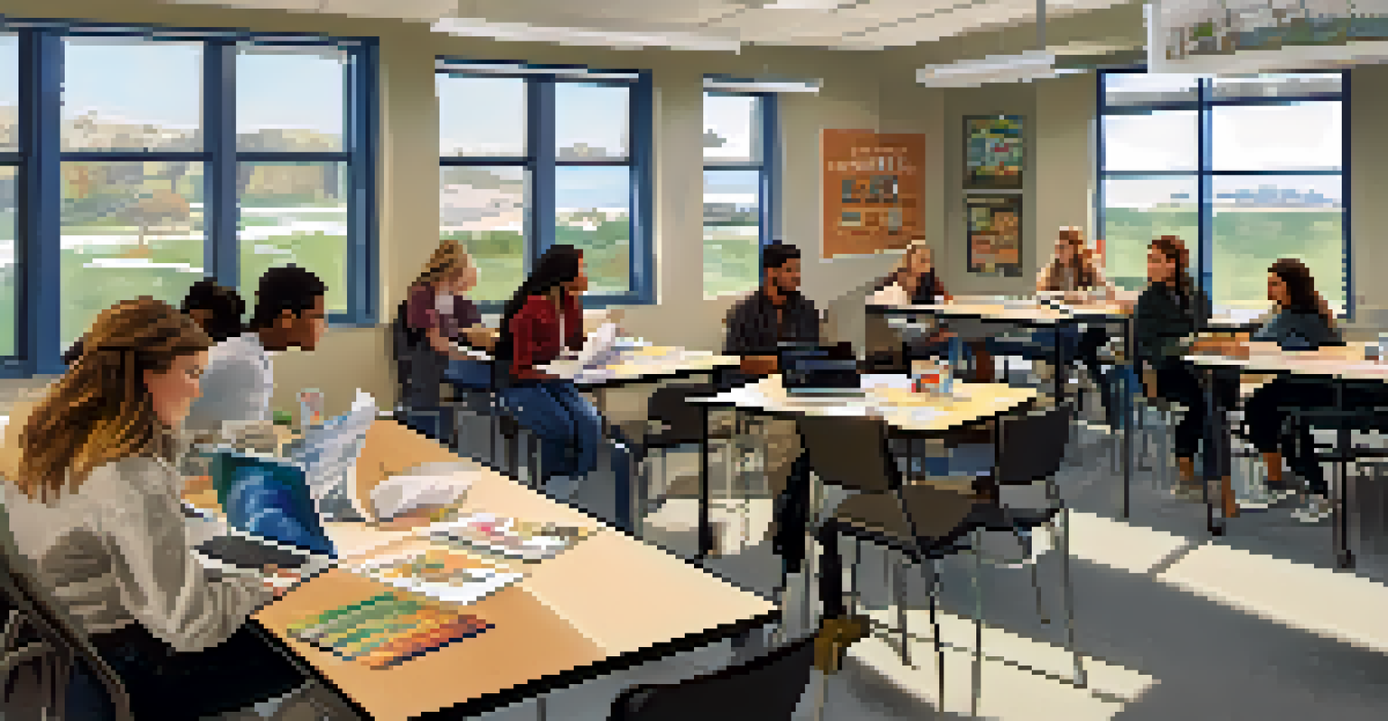 A classroom at Carlsbad Community College with students collaborating on a project in a well-lit environment.