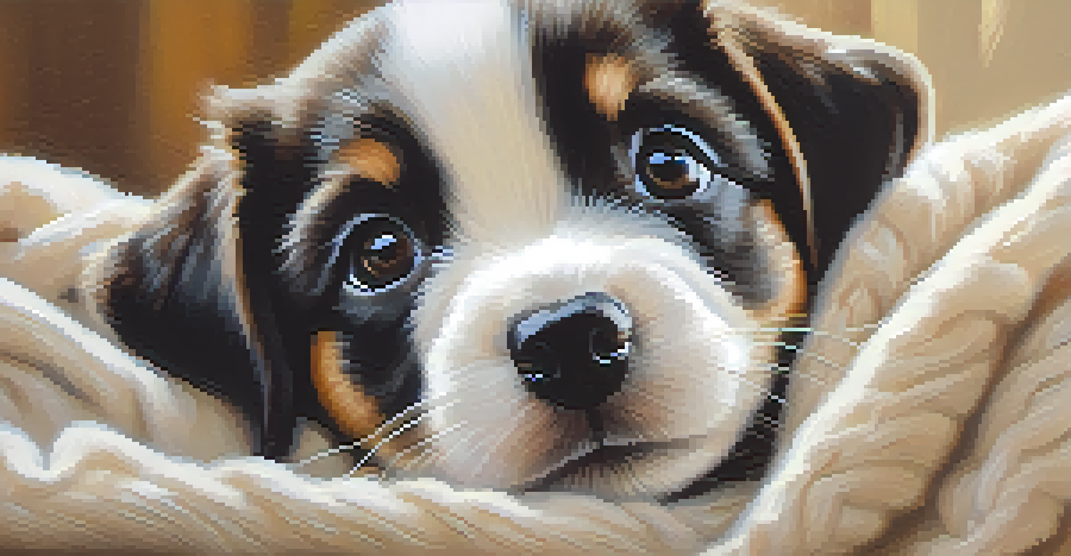 A close-up of a cute puppy with expressive eyes, resting on a soft blanket in a warmly lit environment.